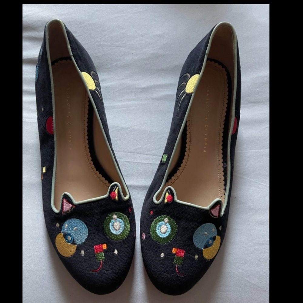 Charlotte Olympia Velvet Kitty Flats (Embroidered)